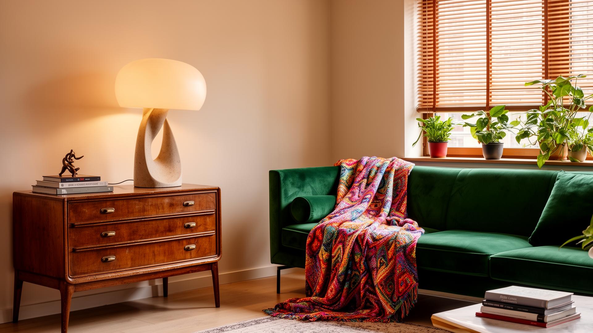 A considered life — curated interior with sculptural lamp, vintage furniture, and a draped throw
